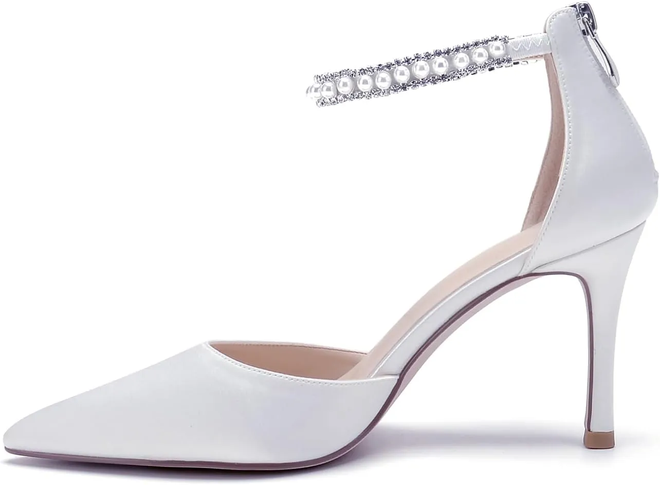 Pointed Toe Pearl Wedding Shoes for Bride White High Heels Satin Bridal Shoes Zipper Back Evening Party Dance Dresses Shoes Pumps for Women