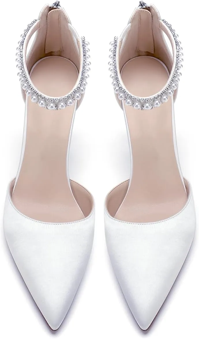 Pointed Toe Pearl Wedding Shoes for Bride White High Heels Satin Bridal Shoes Zipper Back Evening Party Dance Dresses Shoes Pumps for Women