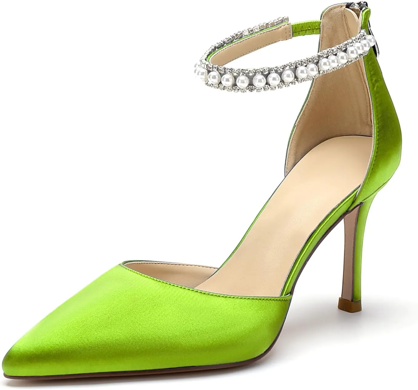 Pointed Toe Pearl Wedding Shoes for Bride White High Heels Satin Bridal Shoes Zipper Back Evening Party Dance Dresses Shoes Pumps for Women