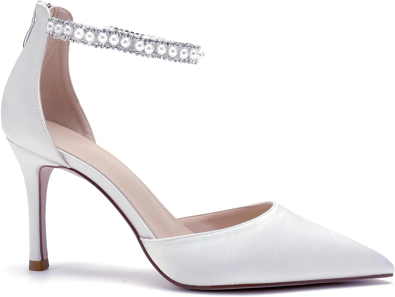 Pointed Toe Pearl Wedding Shoes for Bride White High Heels Satin Bridal Shoes Zipper Back Evening Party Dance Dresses Shoes Pumps for Women
