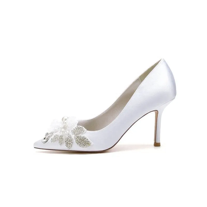 Pointed Toe Satin Bridal Heels with Crystal Flower