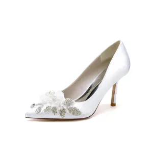Pointed Toe Satin Bridal Heels with Crystal Flower