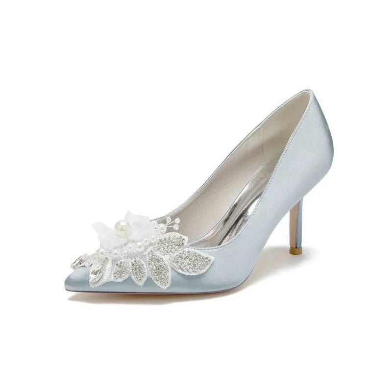 Pointed Toe Satin Bridal Heels with Crystal Flower