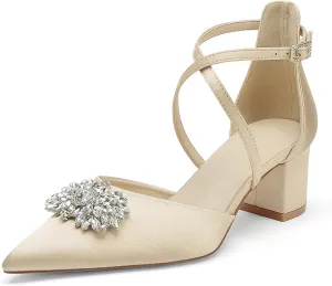Pointed Toe Satin Wedding Shoes - White Low Heels, Rhinestones, Cross Strappy Block Heels - Comfortable Dress Shoes for Women