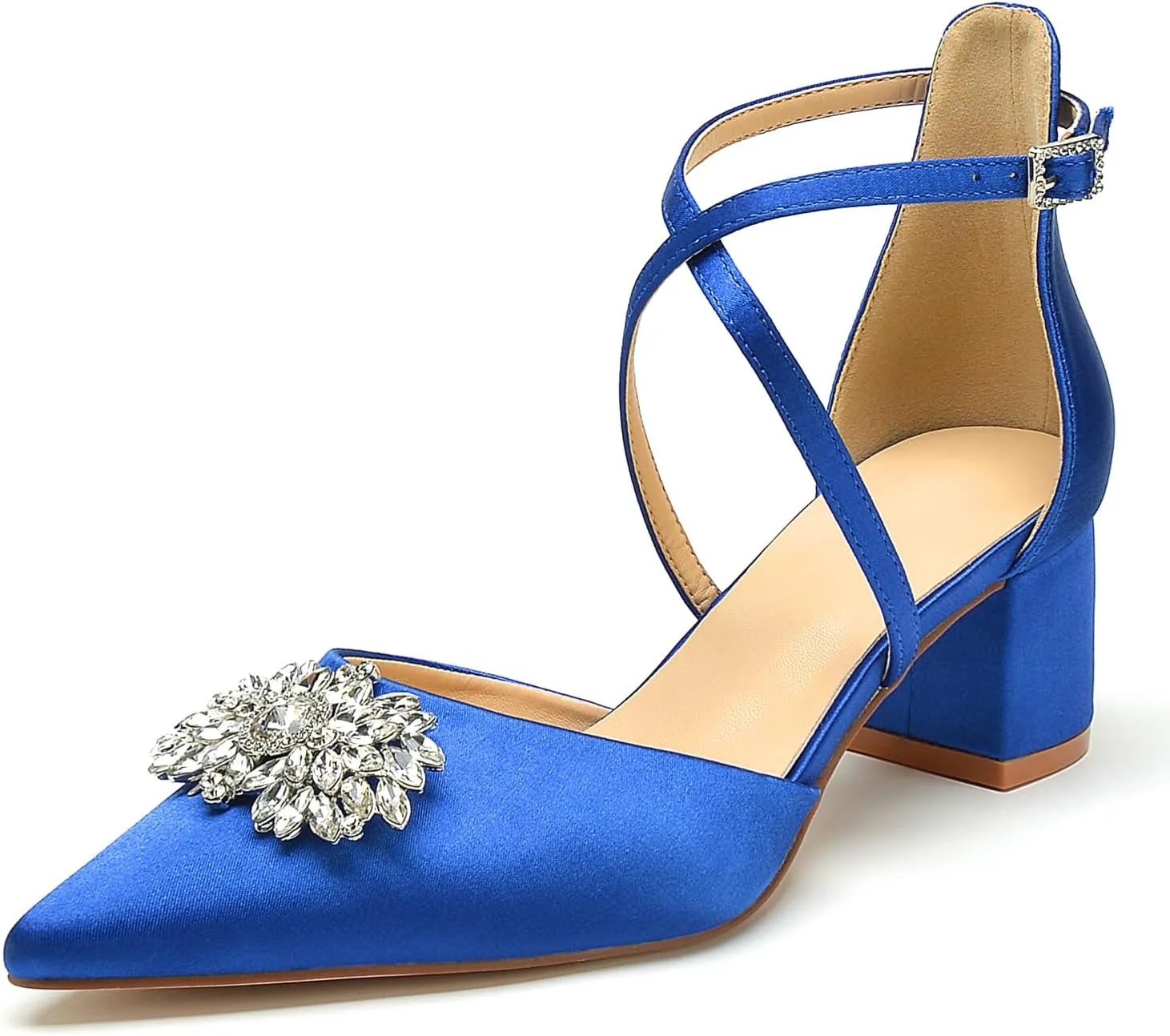 Pointed Toe Satin Wedding Shoes - White Low Heels, Rhinestones, Cross Strappy Block Heels - Comfortable Dress Shoes for Women