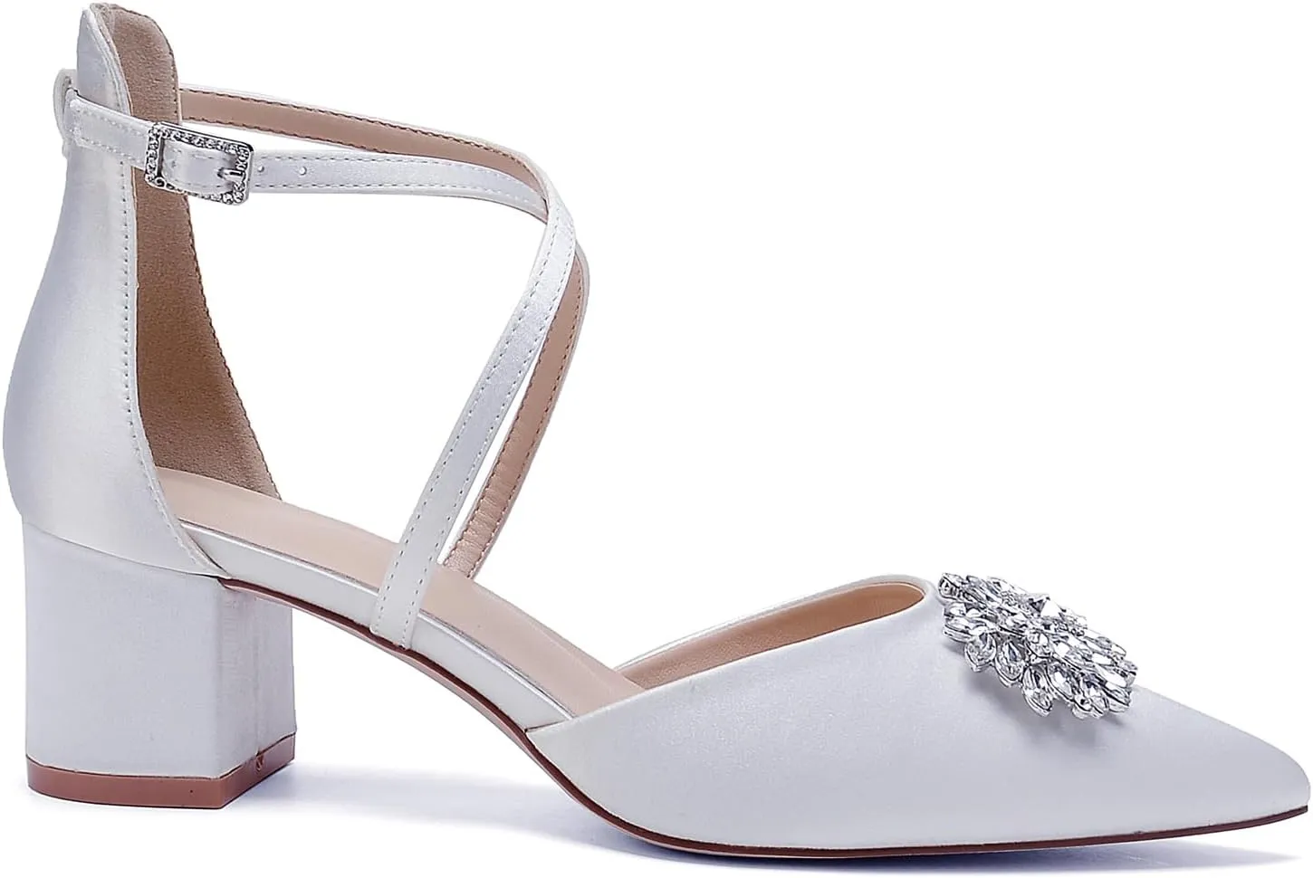 Pointed Toe Satin Wedding Shoes - White Low Heels, Rhinestones, Cross Strappy Block Heels - Comfortable Dress Shoes for Women