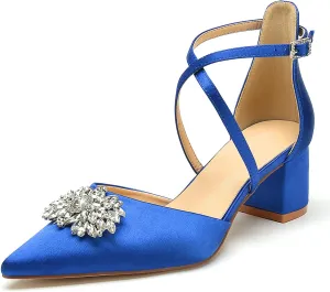 Pointed Toe Satin Wedding Shoes - White Low Heels, Rhinestones, Cross Strappy Block Heels - Comfortable Dress Shoes for Women