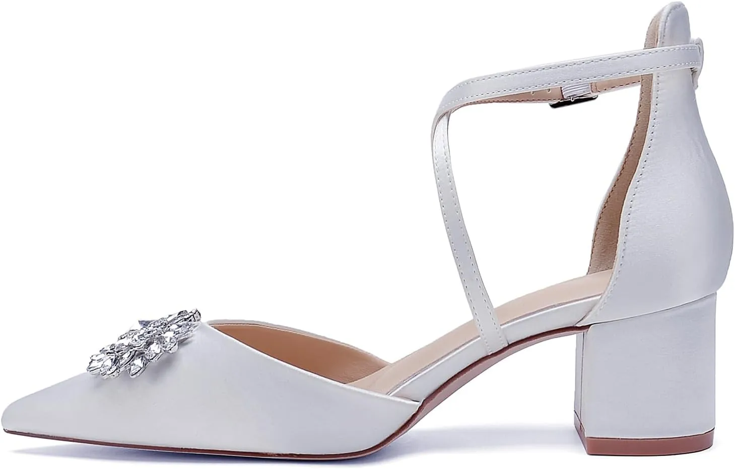 Pointed Toe Satin Wedding Shoes - White Low Heels, Rhinestones, Cross Strappy Block Heels - Comfortable Dress Shoes for Women