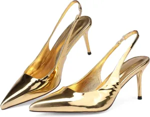 Pointed Toe Slingback Heels for Women Patent Leather High Heel Pumps Fall Cherry Red Dress Heels