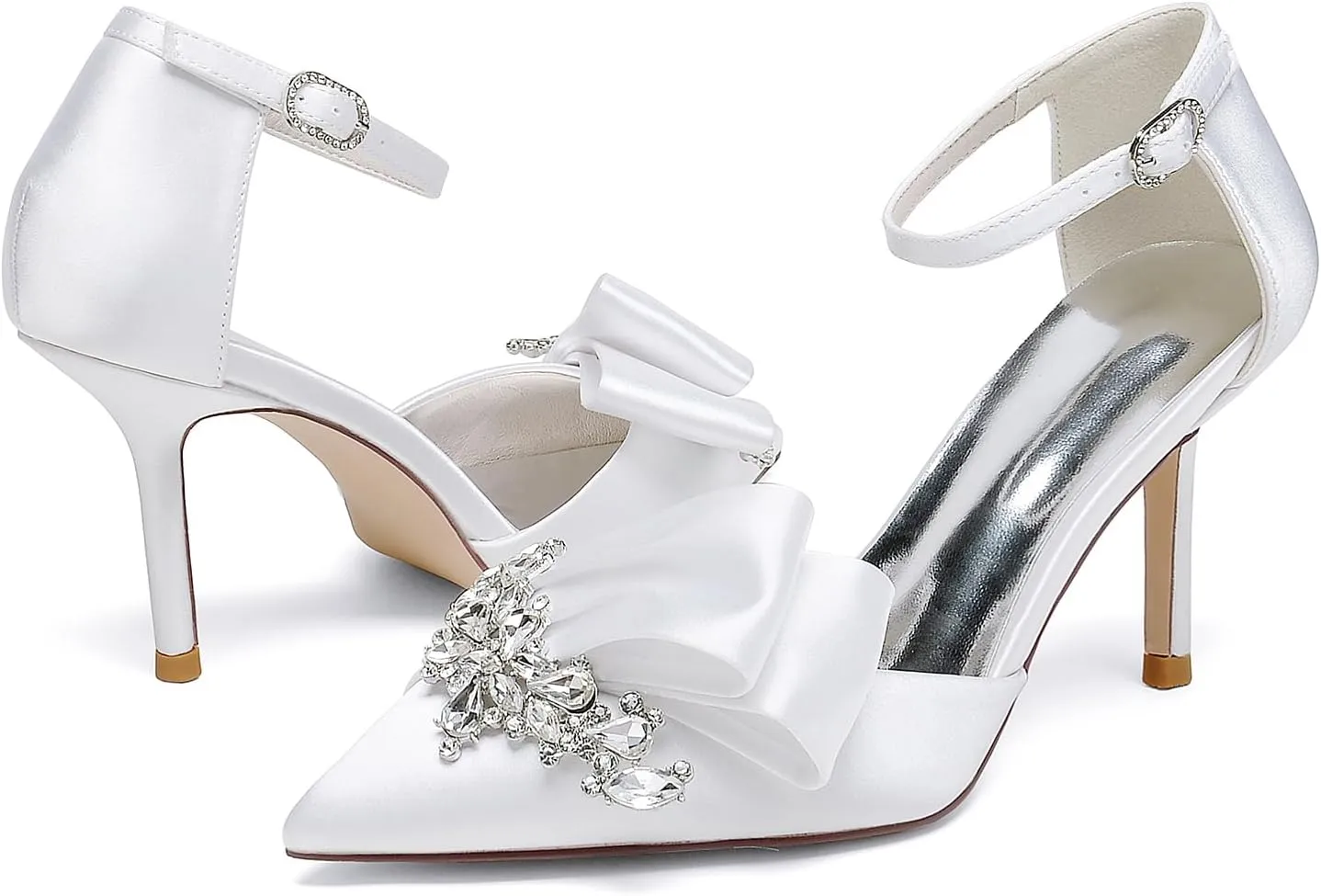 Pointed Toe White Wedding Shoes for Bride High Heels Satin Bridal Shoes Ankle Strap Crystal White Heels Dress Shoes for Women Pumps