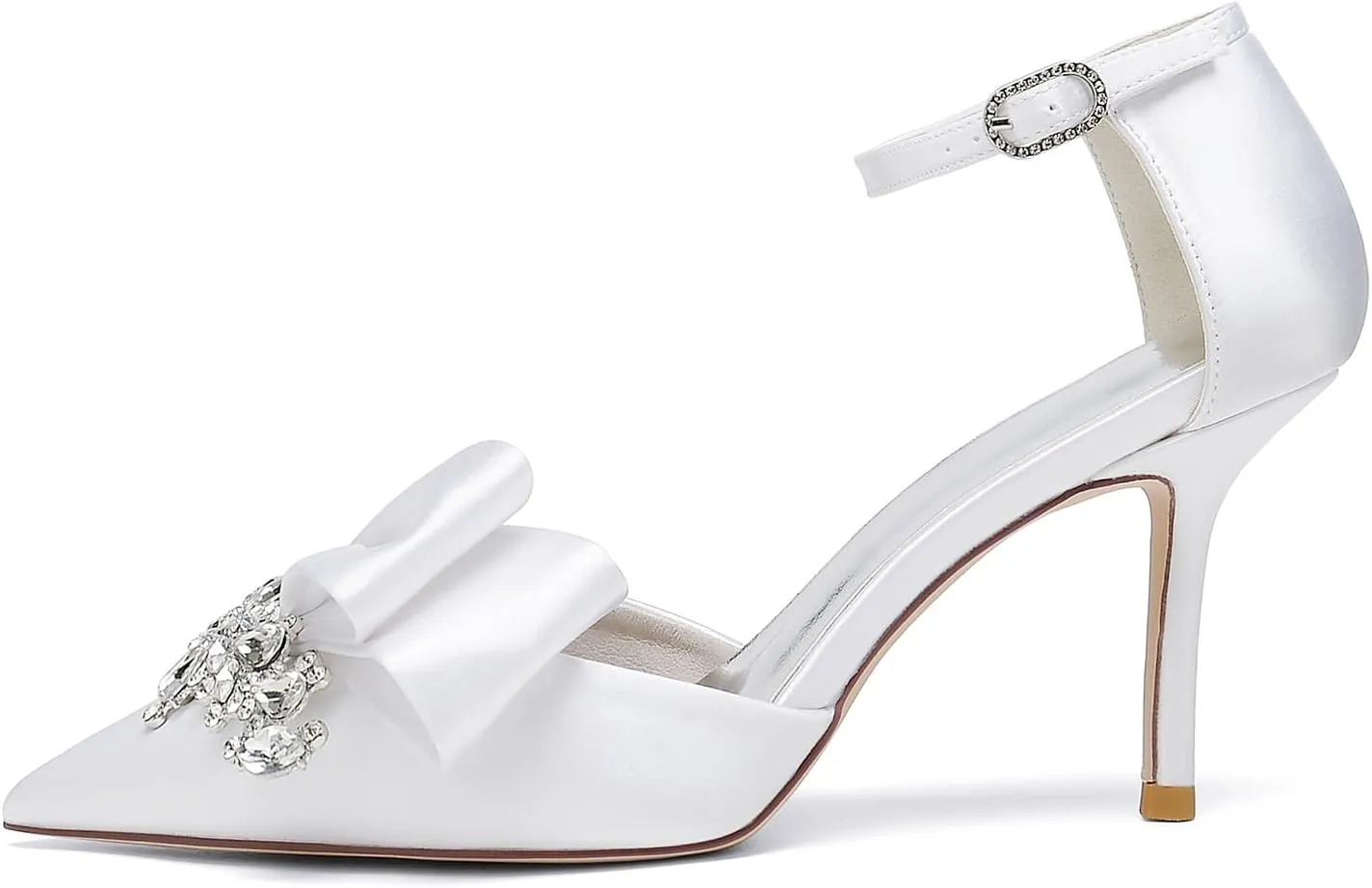 Pointed Toe White Wedding Shoes for Bride High Heels Satin Bridal Shoes Ankle Strap Crystal White Heels Dress Shoes for Women Pumps