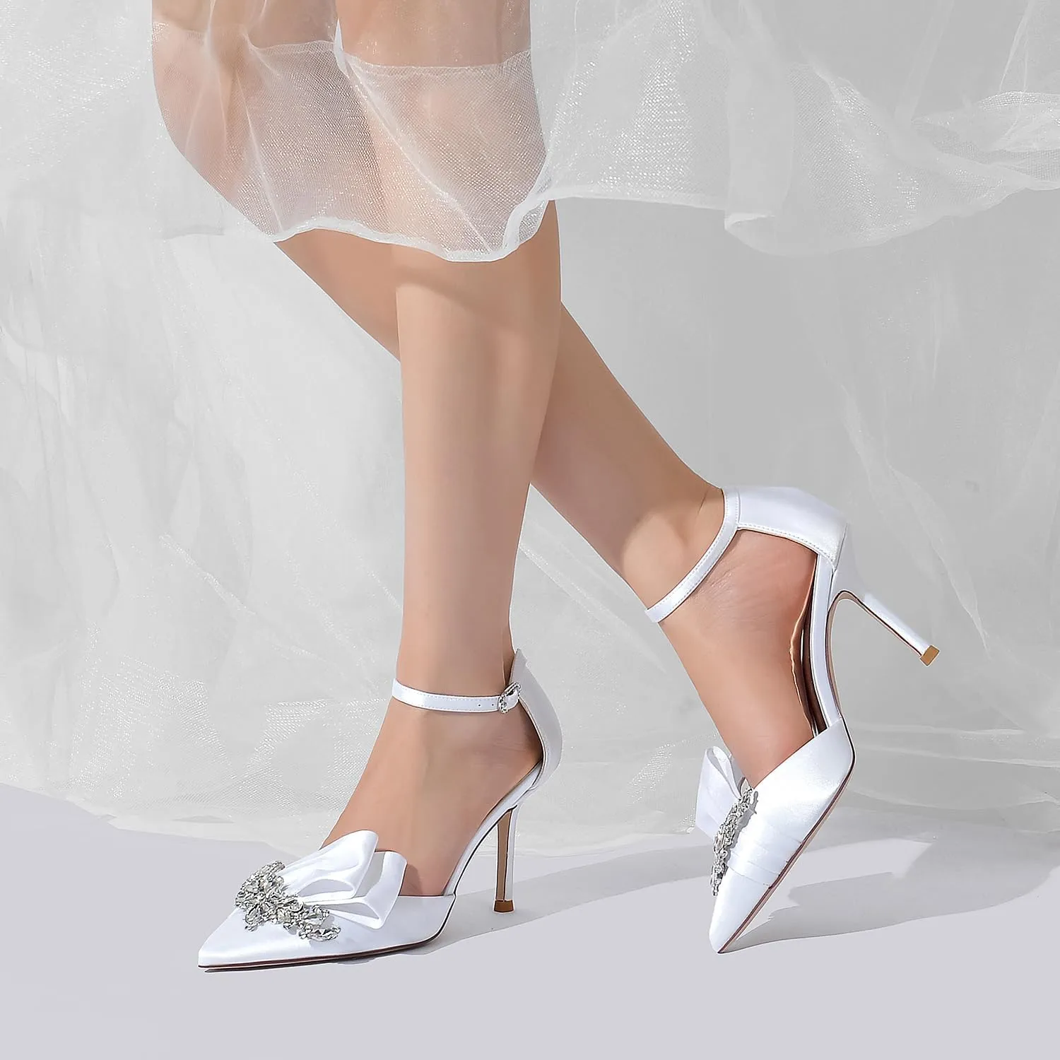 Pointed Toe White Wedding Shoes for Bride High Heels Satin Bridal Shoes Ankle Strap Crystal White Heels Dress Shoes for Women Pumps
