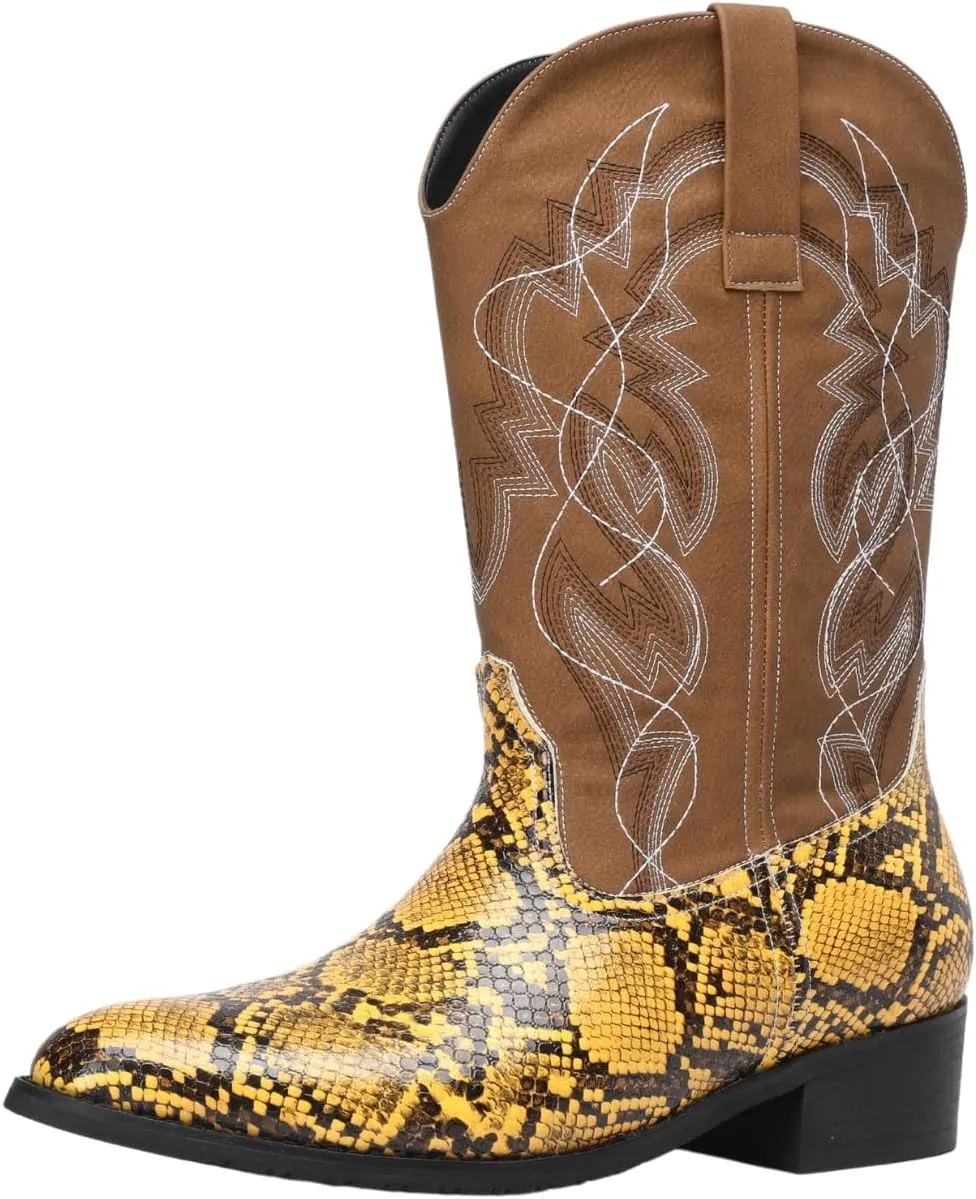 Python Manning Men's Boots Cowboy for Men Classic Pointed Toe Western Pull Up Snakeskin Embroidered Mid-Calf Boots