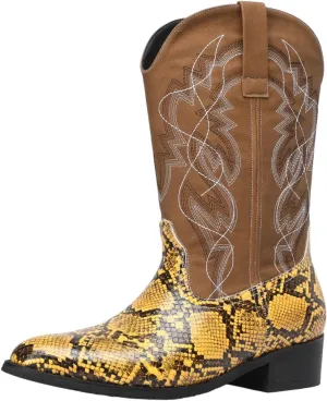 Python Manning Men's Boots Cowboy for Men Classic Pointed Toe Western Pull Up Snakeskin Embroidered Mid-Calf Boots