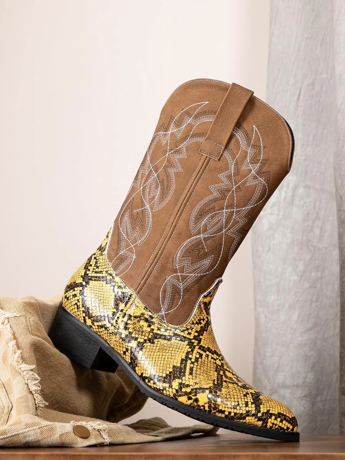 Python Manning Men's Boots Cowboy for Men Classic Pointed Toe Western Pull Up Snakeskin Embroidered Mid-Calf Boots