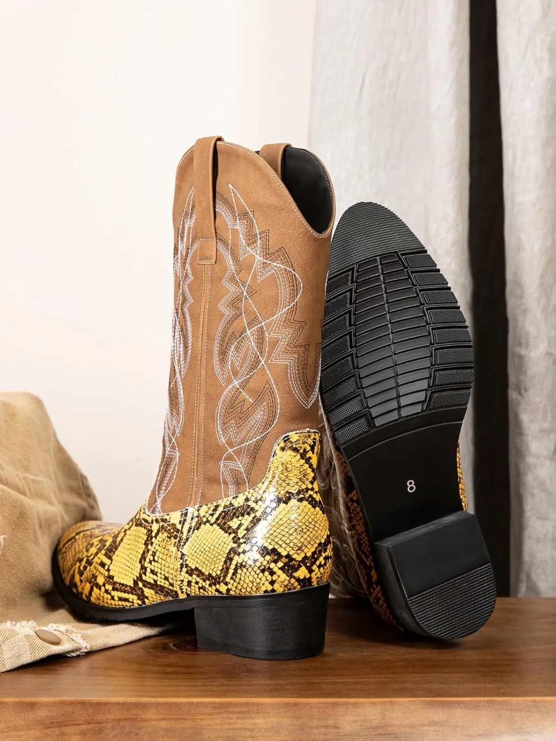 Python Manning Men's Boots Cowboy for Men Classic Pointed Toe Western Pull Up Snakeskin Embroidered Mid-Calf Boots