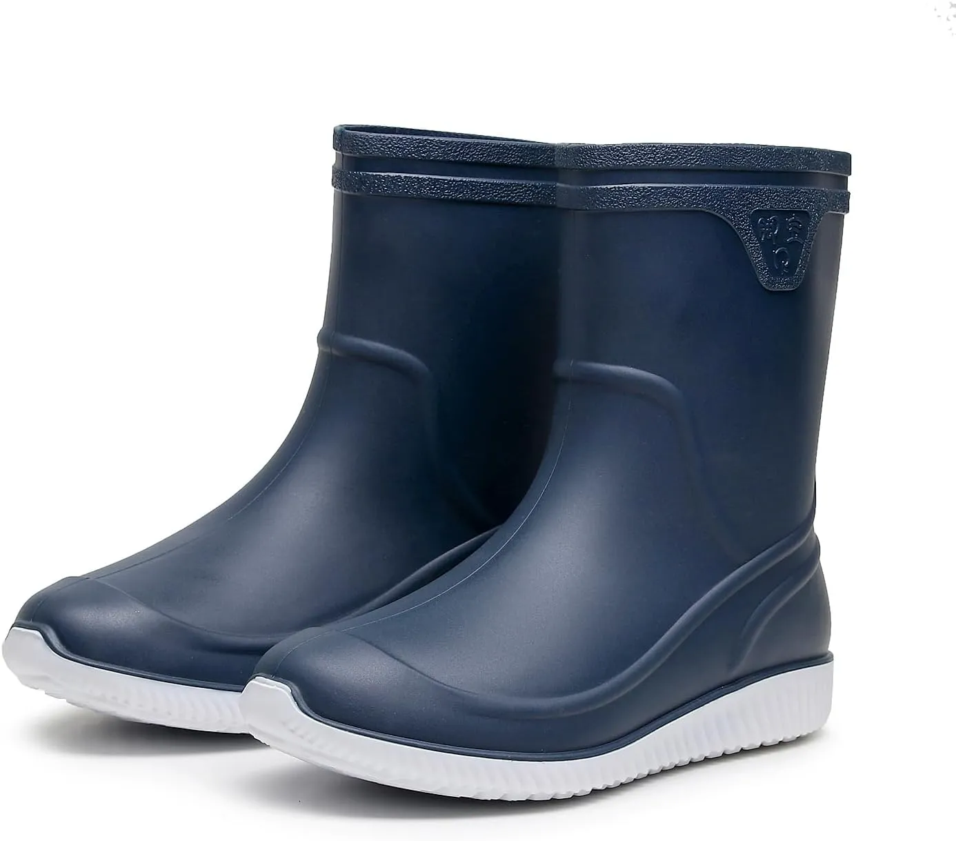 Rain Boots for Men, Non-Slip PVC Rubber Boots Mens Garden Boots, Waterproof Mid-Calf Raining Shoes, Durable Work Mud Boots, Comfort Chelsea Ankle Rain Boots Fishing Shoes for Outdoor Work