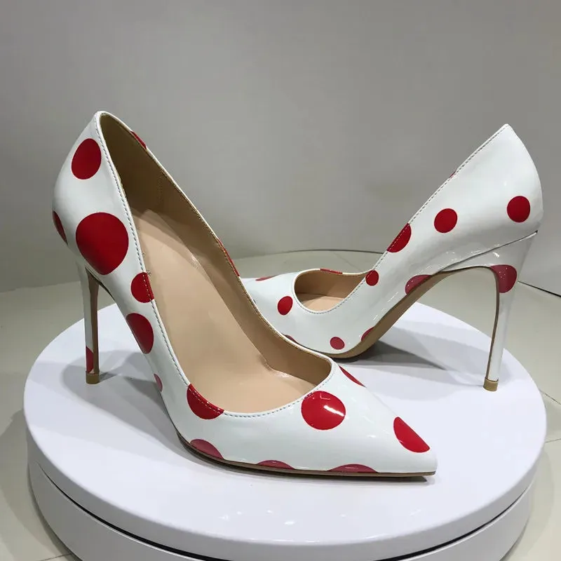 Red and white pointed toe party heels for women