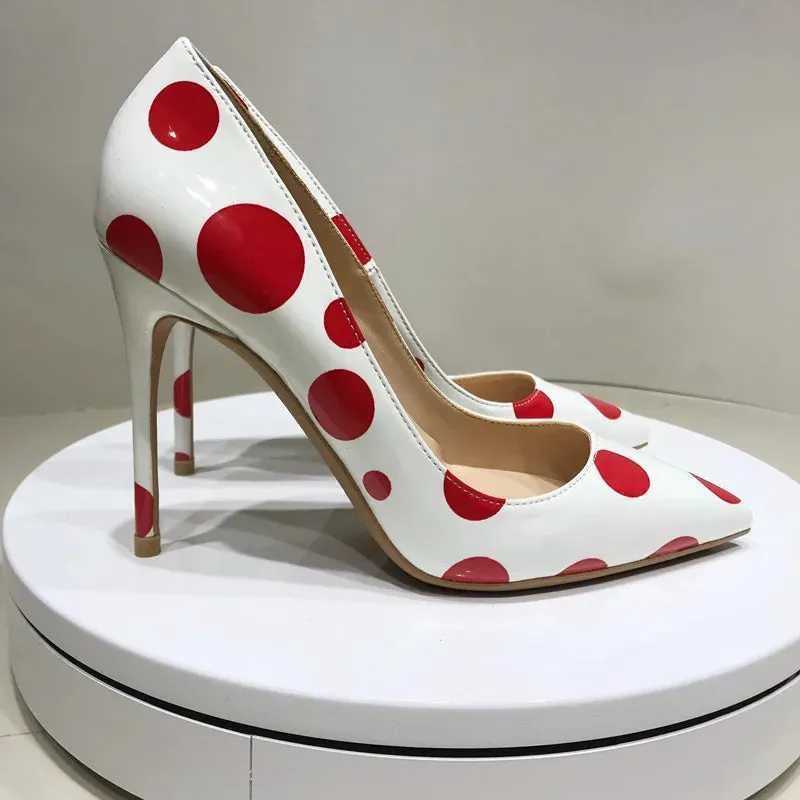 Red and white pointed toe party heels for women