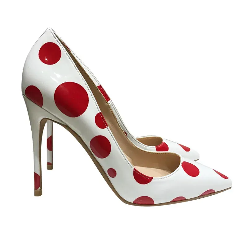 Red and white pointed toe party heels for women