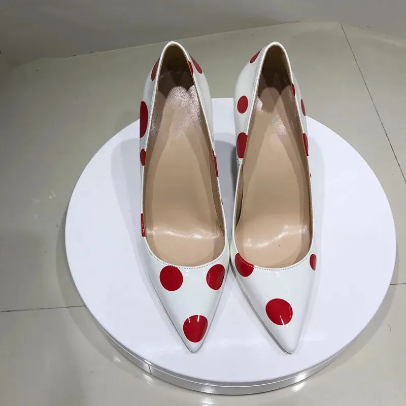 Red and white pointed toe party heels for women