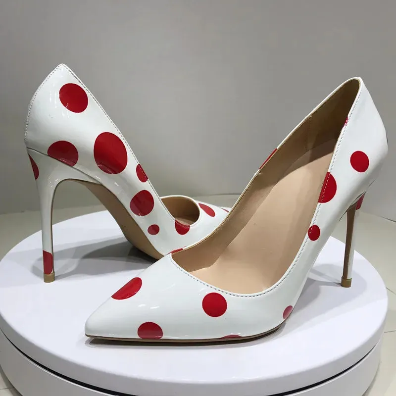 Red and white pointed toe party heels for women