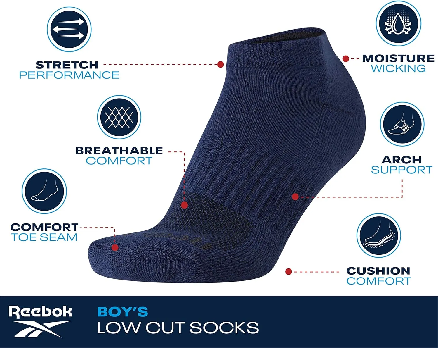 Reebok Boys' Low Cut Socks - 12 Pack Stretch Performance No Show Socks with Arch Support - Cushioned Athletic Socks for Boys