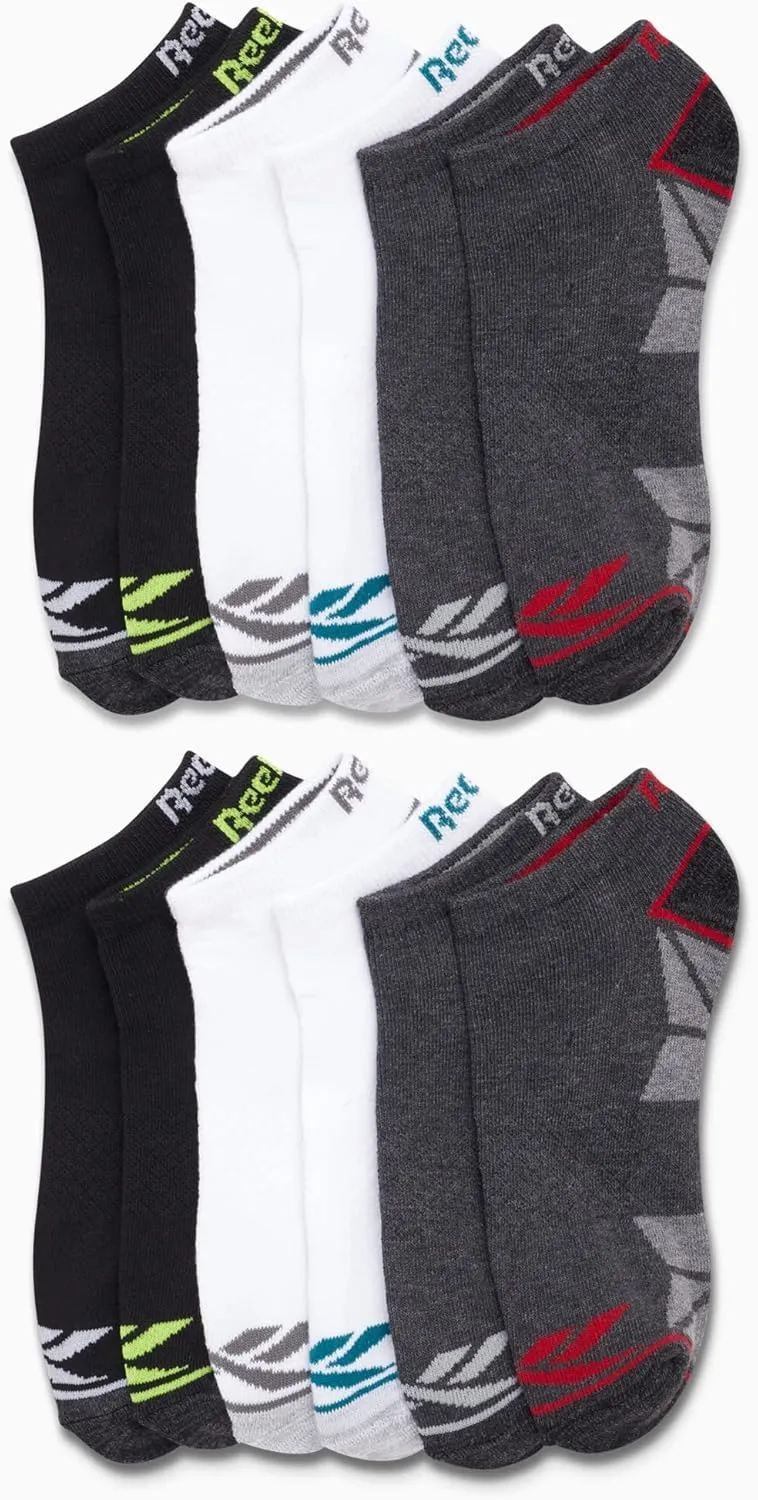 Reebok Boys' Low Cut Socks - 12 Pack Stretch Performance No Show Socks with Arch Support - Cushioned Athletic Socks for Boys