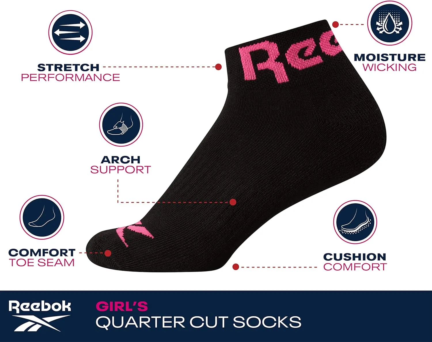 Reebok Girls' Quarter Socks - 12 Pack Stretch Performance Quarter Cut Arch Support Socks - Cushioned Athletic Socks for Girls