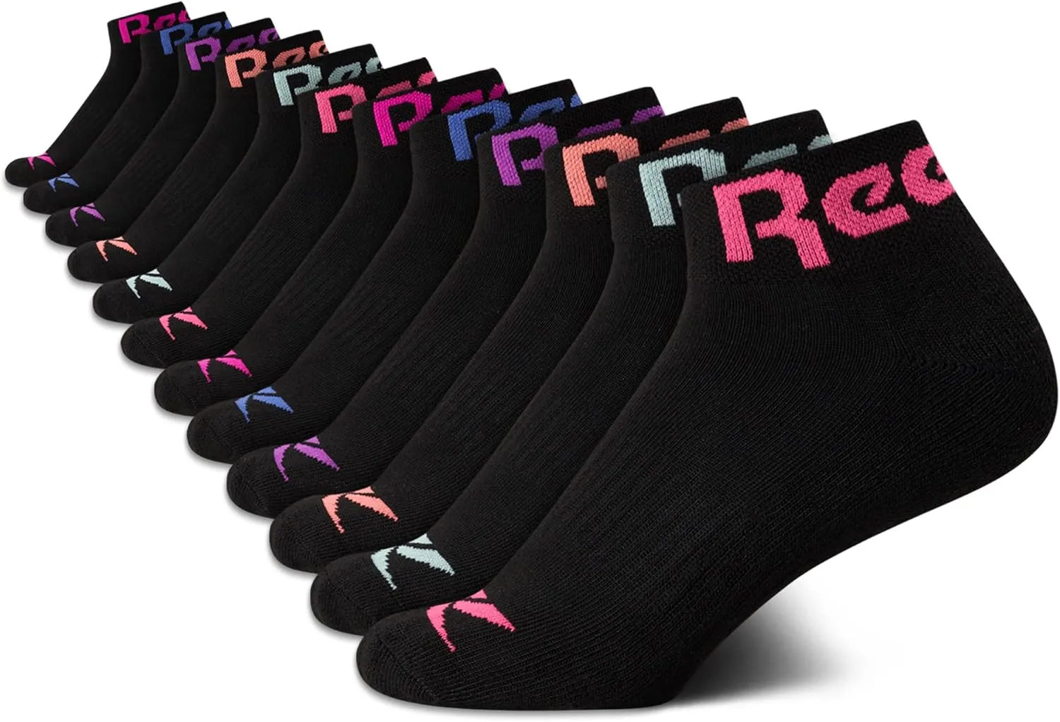 Reebok Girls' Quarter Socks - 12 Pack Stretch Performance Quarter Cut Arch Support Socks - Cushioned Athletic Socks for Girls
