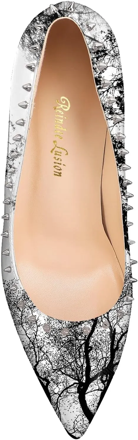 Reindee Lusion Womens 4 Inches High Stiletto Heels Pumps Rivets Closed Toe Sexy Shoes