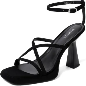 Reitoye Strappy Heels for Women Platform High Chunky Heels Square Open Toe Heeled Sandals Ankle Strap Block Heels