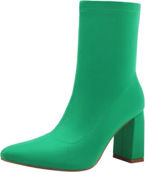 Reitoye Women's Ankle Boot Stretch Chunky Heel Pointed Toe Zipper Mid Calf Booties