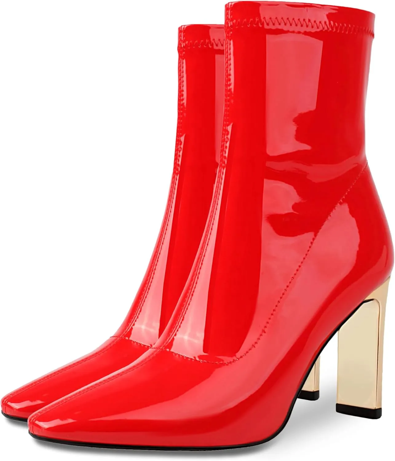 Reitoye Women's Ankle Boots Metallic Chunky Block Heel Square Toe Zipper Mid Calf Boots