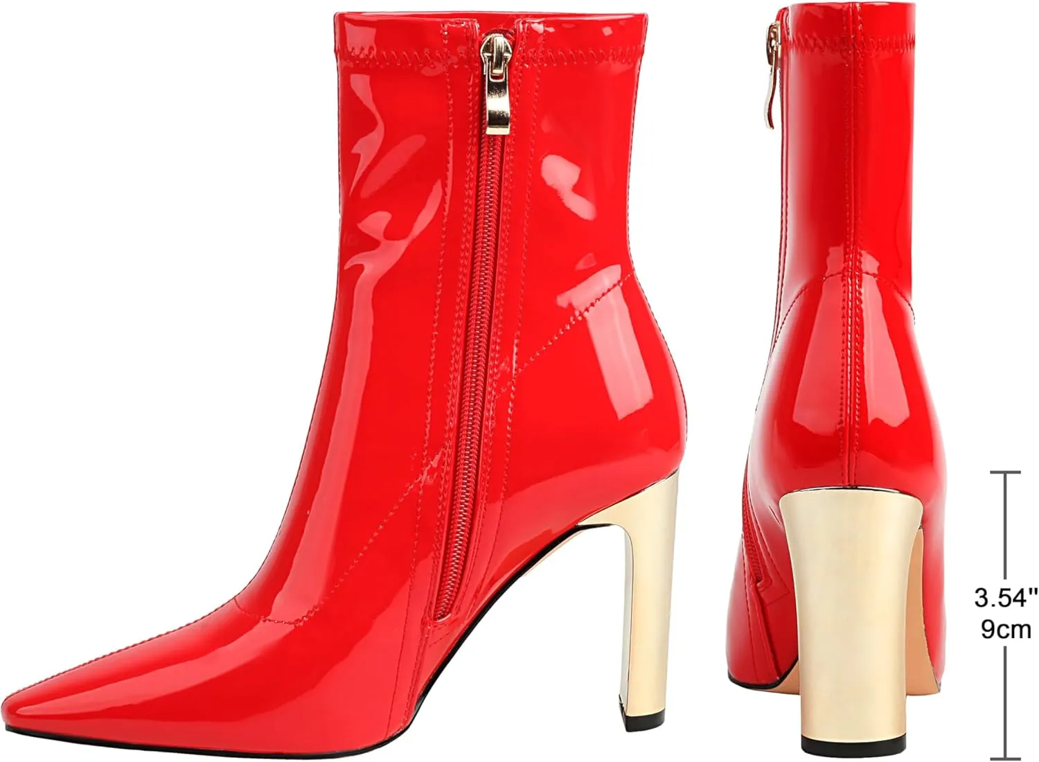 Reitoye Women's Ankle Boots Metallic Chunky Block Heel Square Toe Zipper Mid Calf Boots