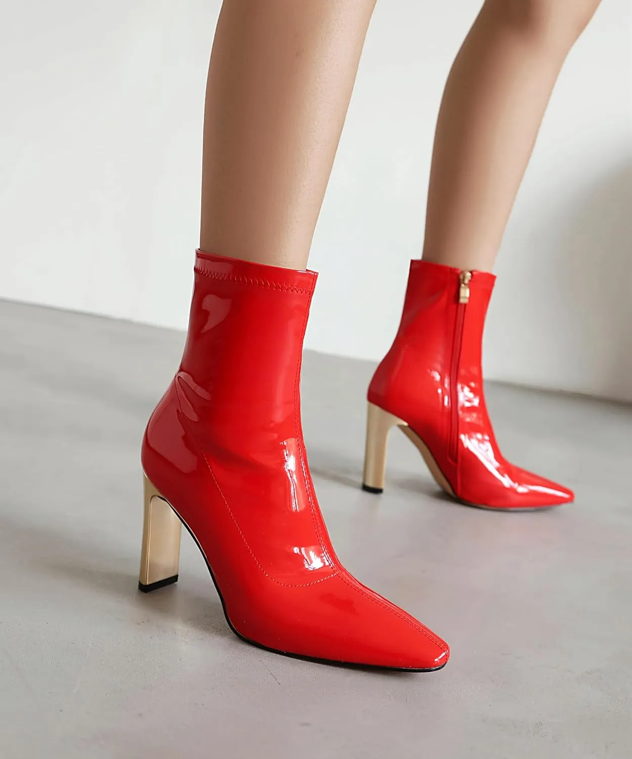 Reitoye Women's Ankle Boots Metallic Chunky Block Heel Square Toe Zipper Mid Calf Boots