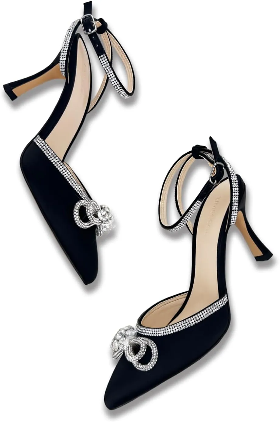 Rhinestone Bow Heels for Women, Slingback Kitten Heels Pumps Stilettos Satin, Closed Pointed Toe Ankle Strap Kitten Heel Sandals Formal Shoes for Wedding Bridal Party Evening Prom Dress Shoes