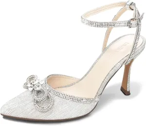 Rhinestone Bow Heels for Women, Slingback Kitten Heels Pumps Stilettos Satin, Closed Pointed Toe Ankle Strap Kitten Heel Sandals Formal Shoes for Wedding Bridal Party Evening Prom Dress Shoes