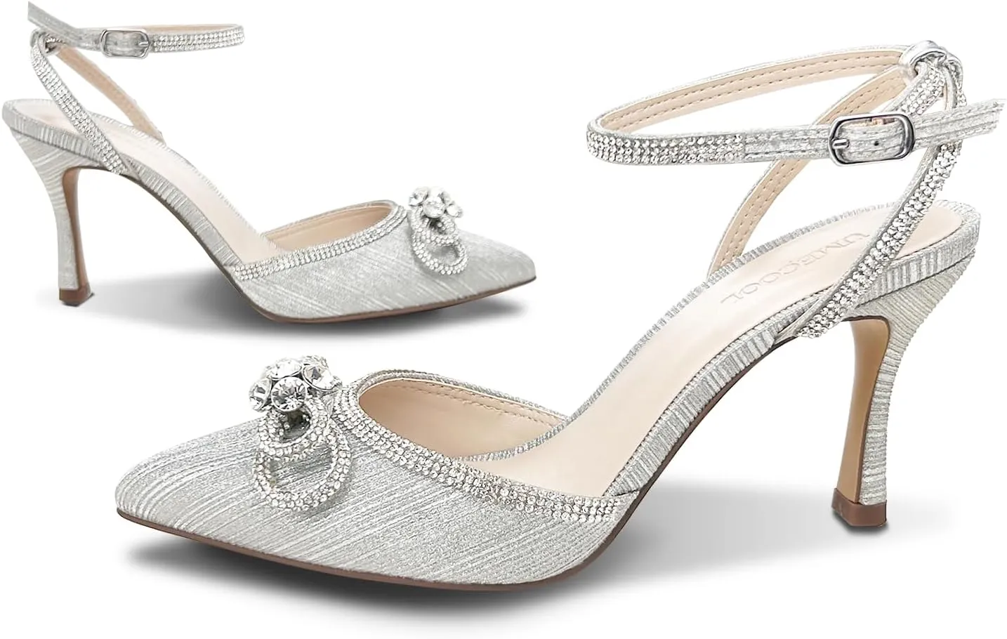Rhinestone Bow Heels for Women, Slingback Kitten Heels Pumps Stilettos Satin, Closed Pointed Toe Ankle Strap Kitten Heel Sandals Formal Shoes for Wedding Bridal Party Evening Prom Dress Shoes