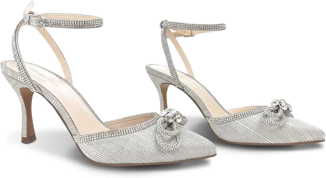 Rhinestone Bow Heels for Women, Slingback Kitten Heels Pumps Stilettos Satin, Closed Pointed Toe Ankle Strap Kitten Heel Sandals Formal Shoes for Wedding Bridal Party Evening Prom Dress Shoes