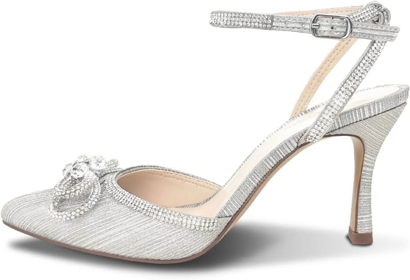 Rhinestone Bow Heels for Women, Slingback Kitten Heels Pumps Stilettos Satin, Closed Pointed Toe Ankle Strap Kitten Heel Sandals Formal Shoes for Wedding Bridal Party Evening Prom Dress Shoes