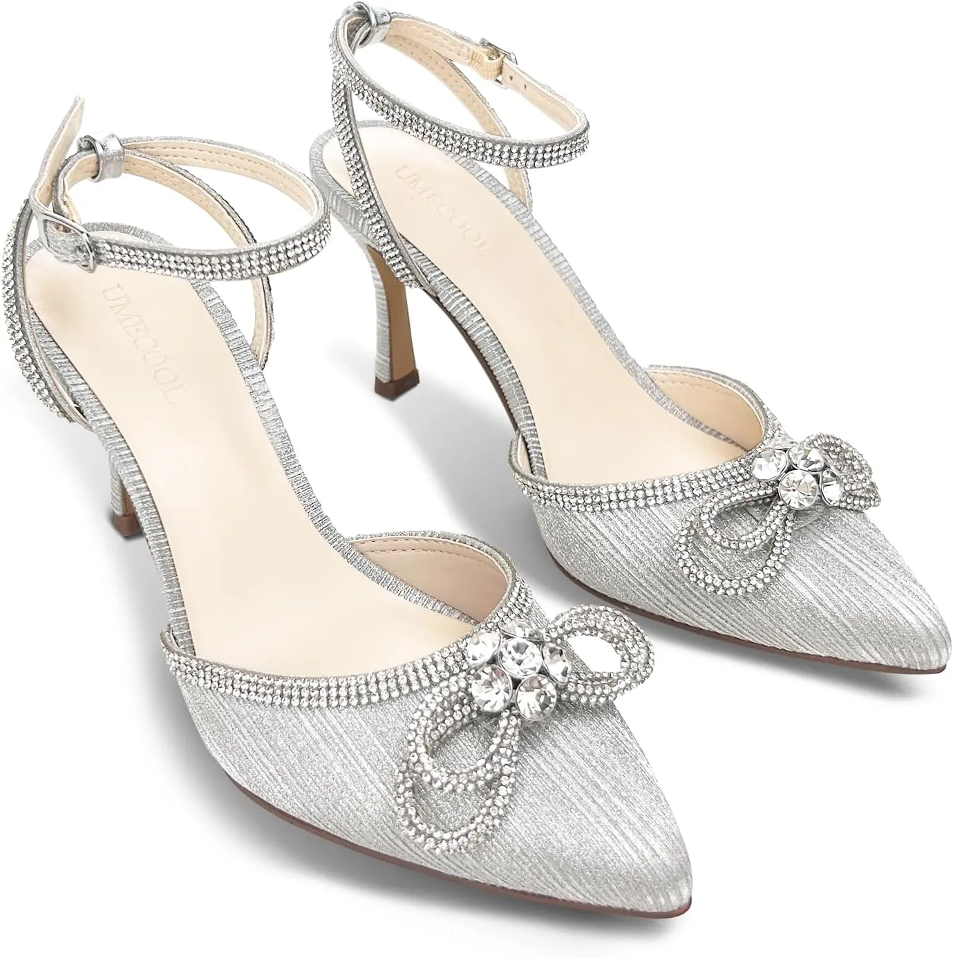 Rhinestone Bow Heels for Women, Slingback Kitten Heels Pumps Stilettos Satin, Closed Pointed Toe Ankle Strap Kitten Heel Sandals Formal Shoes for Wedding Bridal Party Evening Prom Dress Shoes
