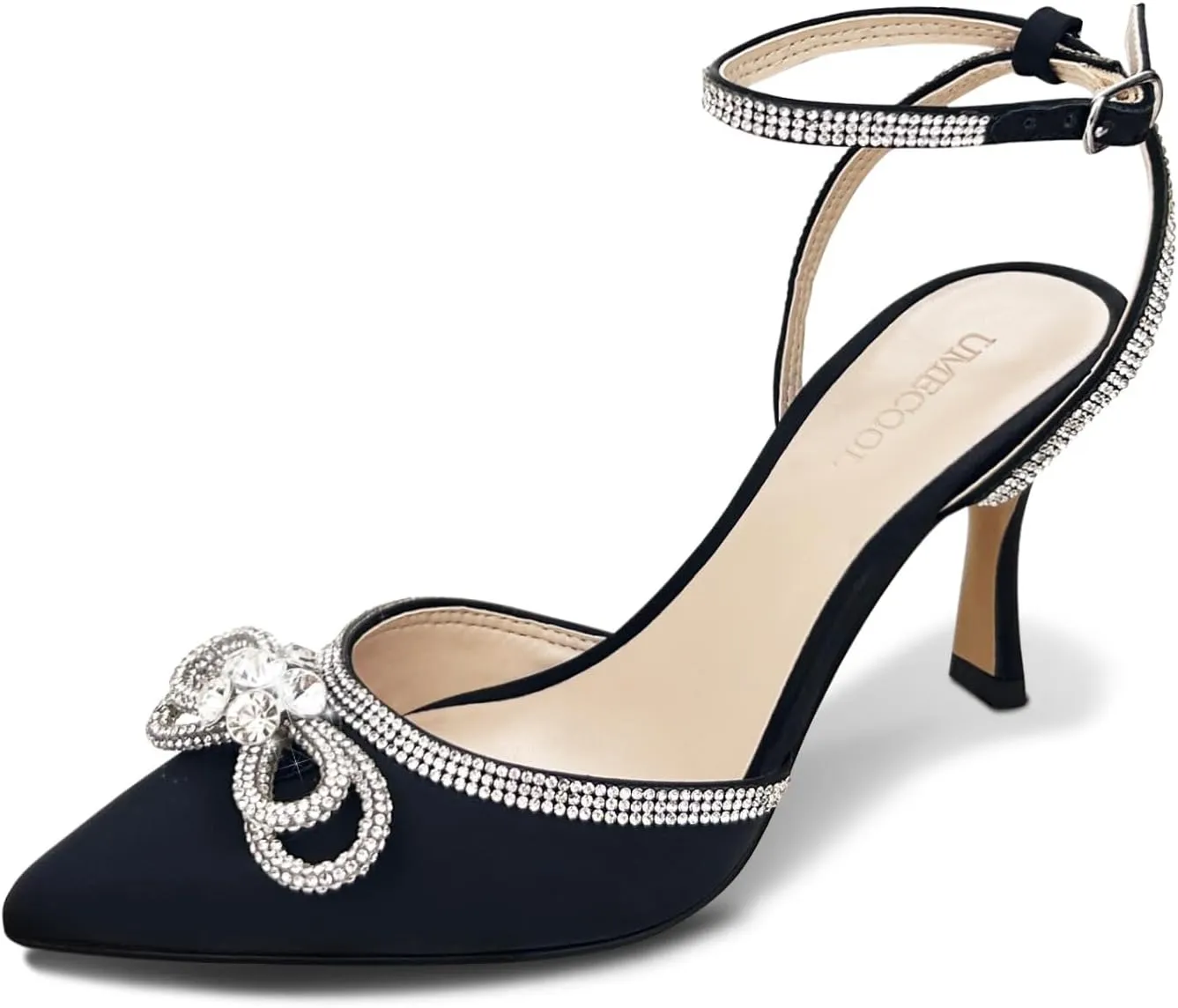 Rhinestone Bow Heels for Women, Slingback Kitten Heels Pumps Stilettos Satin, Closed Pointed Toe Ankle Strap Kitten Heel Sandals Formal Shoes for Wedding Bridal Party Evening Prom Dress Shoes