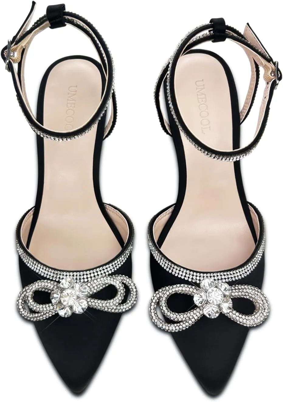 Rhinestone Bow Heels for Women, Slingback Kitten Heels Pumps Stilettos Satin, Closed Pointed Toe Ankle Strap Kitten Heel Sandals Formal Shoes for Wedding Bridal Party Evening Prom Dress Shoes
