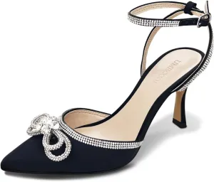 Rhinestone Bow Heels for Women, Slingback Kitten Heels Pumps Stilettos Satin, Closed Pointed Toe Ankle Strap Kitten Heel Sandals Formal Shoes for Wedding Bridal Party Evening Prom Dress Shoes