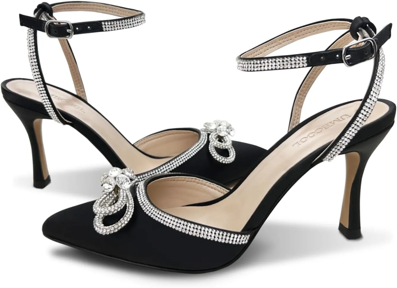 Rhinestone Bow Heels for Women, Slingback Kitten Heels Pumps Stilettos Satin, Closed Pointed Toe Ankle Strap Kitten Heel Sandals Formal Shoes for Wedding Bridal Party Evening Prom Dress Shoes