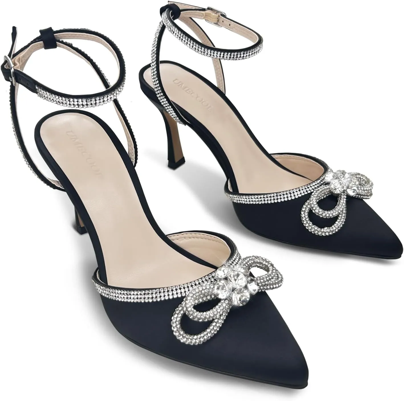 Rhinestone Bow Heels for Women, Slingback Kitten Heels Pumps Stilettos Satin, Closed Pointed Toe Ankle Strap Kitten Heel Sandals Formal Shoes for Wedding Bridal Party Evening Prom Dress Shoes
