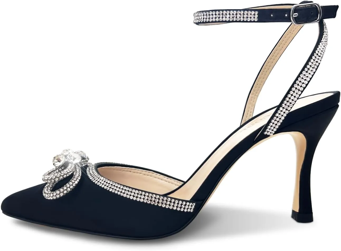 Rhinestone Bow Heels for Women, Slingback Kitten Heels Pumps Stilettos Satin, Closed Pointed Toe Ankle Strap Kitten Heel Sandals Formal Shoes for Wedding Bridal Party Evening Prom Dress Shoes