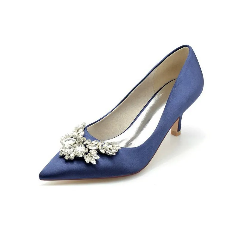 Rhinestone Pointed Toe Satin Kitten Heels