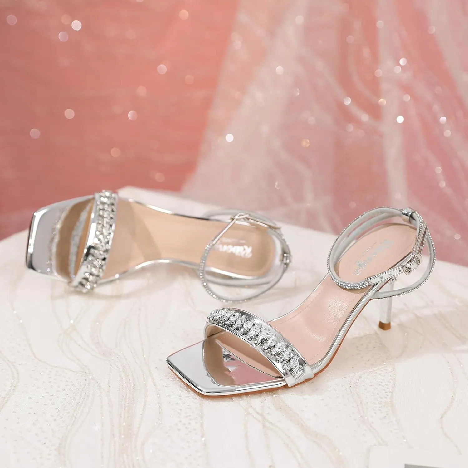 RIBONGZ Womens Sandals Dressy Gold Strappy Square Open Toe Chunky Heels Ankle Strap Kitten Sexy High Heels Prom Wedding Party Evening Summer Bridal Shoes